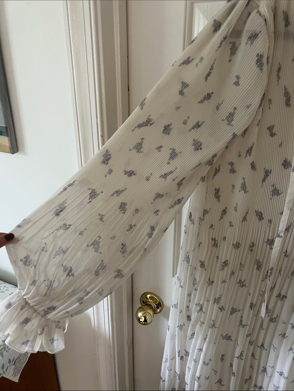 Ganni Cream Floral Tie-Neck Pleated Midi Dress - Picture 8 of 9